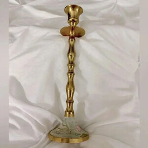 Vintage Brass Etched Painted Candlestick MCM 80’s 90’s Decor Cottagecore Granny